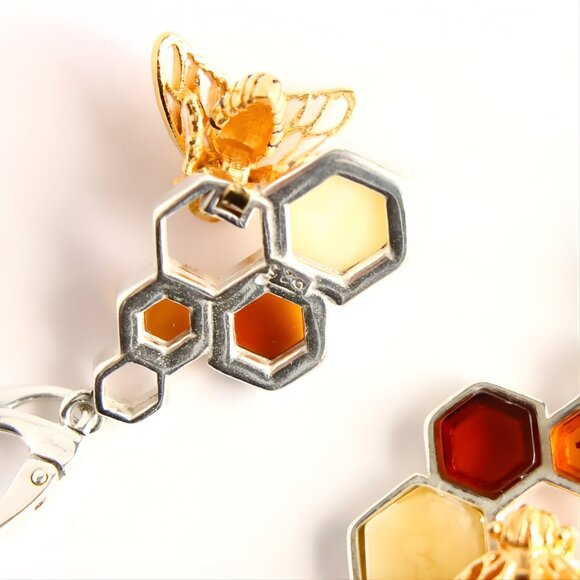 Baltic Amber Earrings- Gold Bee and Honeycomb Design -Sterling Silver - Picture 4 of 5
